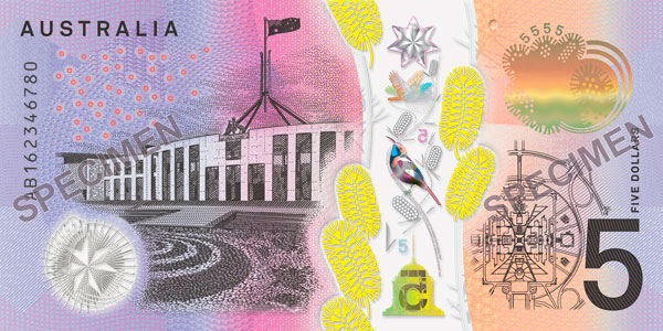 The serial number side of the new $5 banknote featuring the New Parliament House.