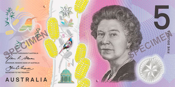 The signature side of the new $5 banknote featuring a portrait of Queen Elizabeth II.