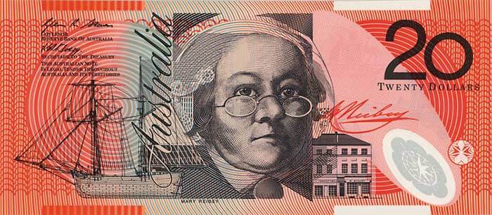 The front of the $20 banknote featuring Mary Reibey.