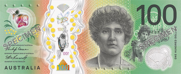 The front of the new $100 banknote featuring Dame Nellie Melba.