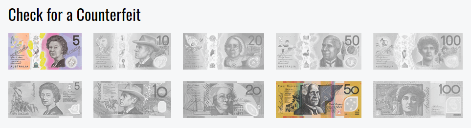 Screengrab of Check for a Counterfeit feature available in the Banknotes website