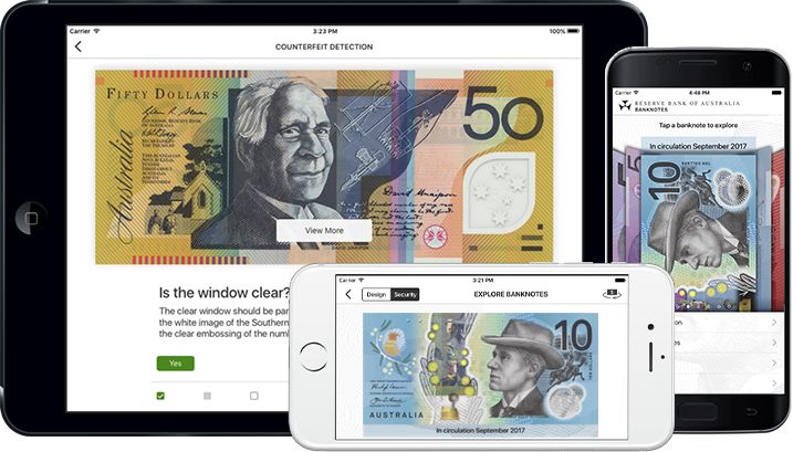 Image of devices displaying the RBA Banknotes app