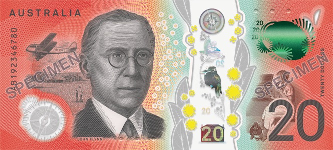 The serial number side of the new $20 banknote featuring a portrait of John Flynn.