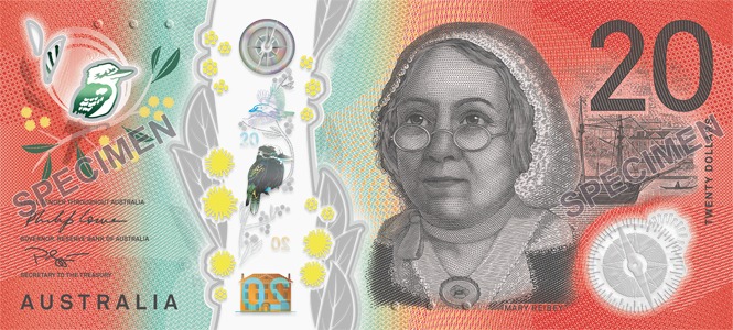 The signature side of the new $20 banknote featuring a portrait of Mary Reibey.