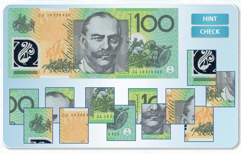 Australian banknote jigsaw puzzle level 2 one hundred dollar back
